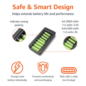 Amazon Basics close-up of AA and AAA battery labels highlighting long cycle life