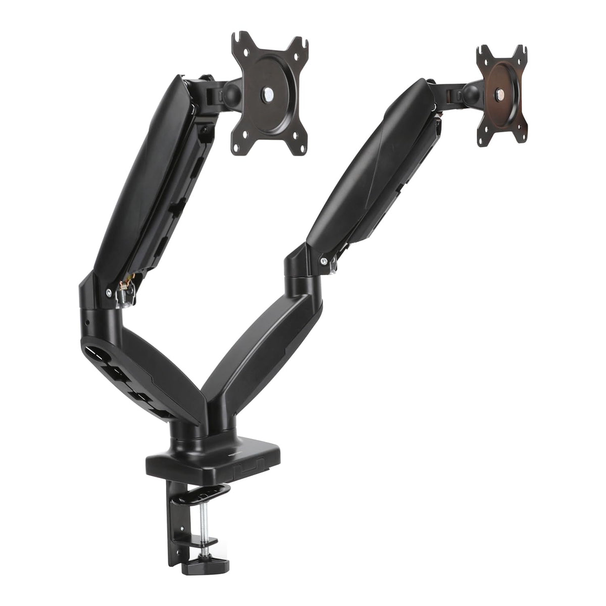 Amazon Basics dual monitor arm front view showing dual screens and space savings