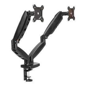 Amazon Basics dual monitor arm front view showing dual screens and space savings