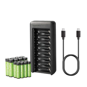 Amazon Basics front packaging showing charger and batteries ready to reduce waste
