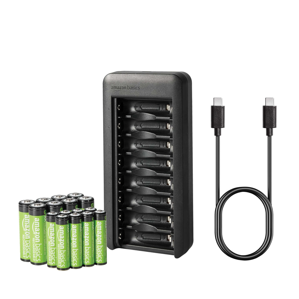 Amazon Basics front packaging showing charger and batteries ready to reduce waste