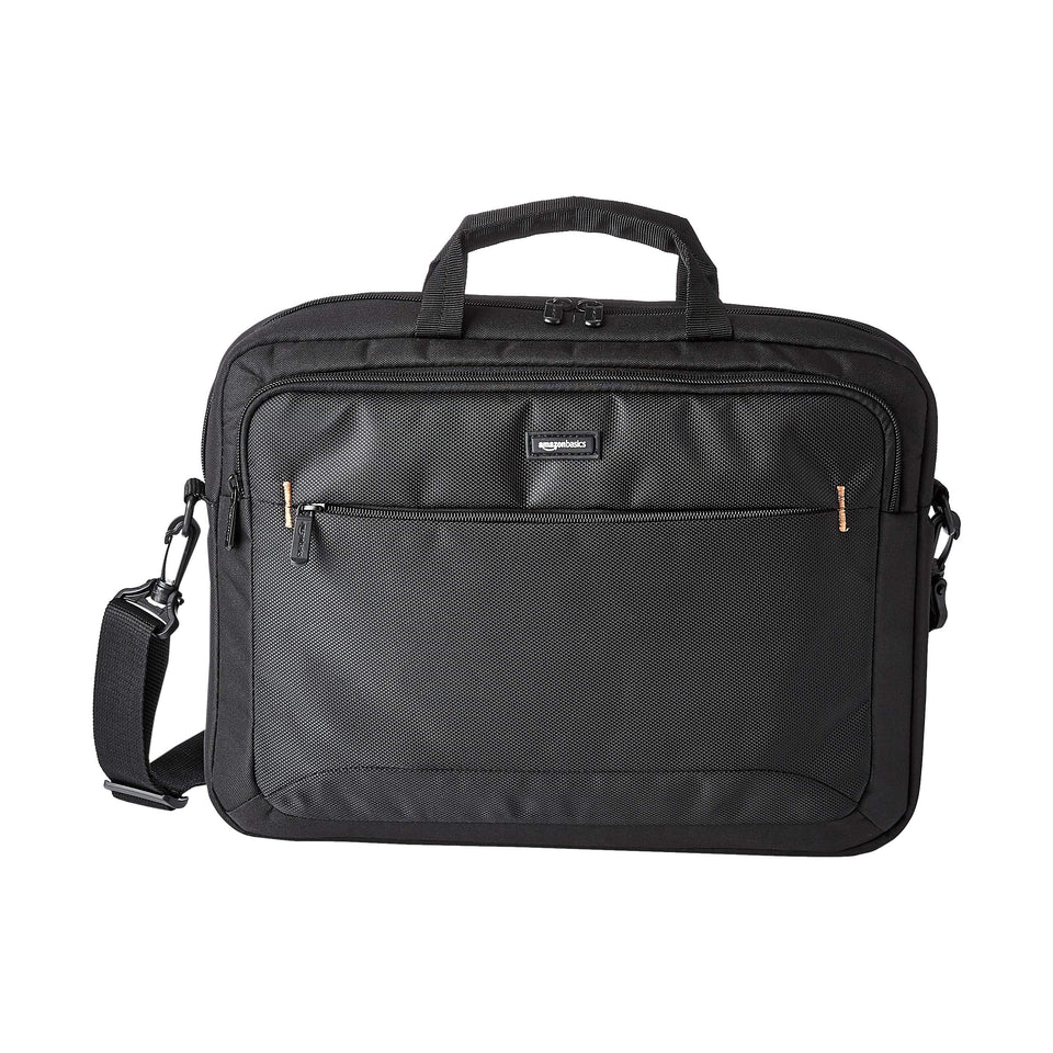 Amazon Basics laptop bag with front pocket access for quick essentials.