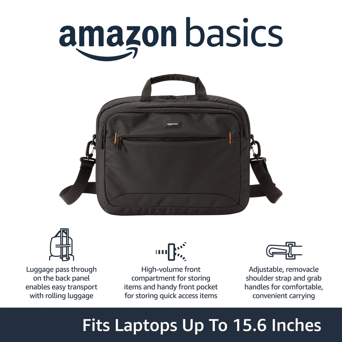 Amazon Basics laptop bag featuring luggage pass-through for easy travel.