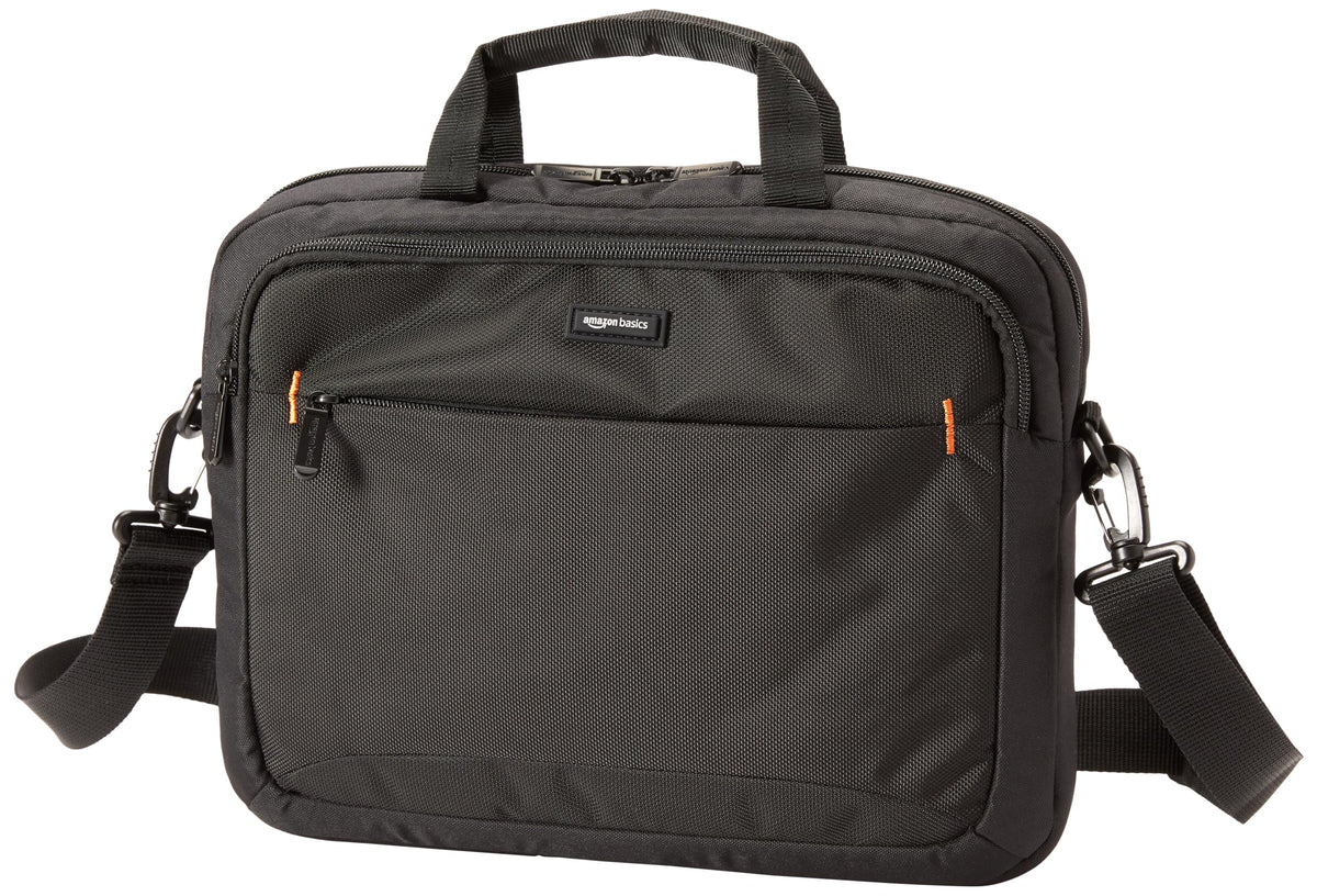 Amazon Basics laptop carrying case front compartment stores cords and cards for quick access