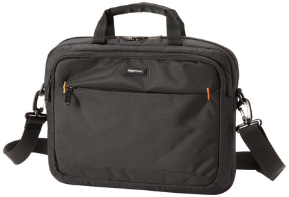 Amazon Basics laptop carrying case front compartment stores cords and cards for quick access