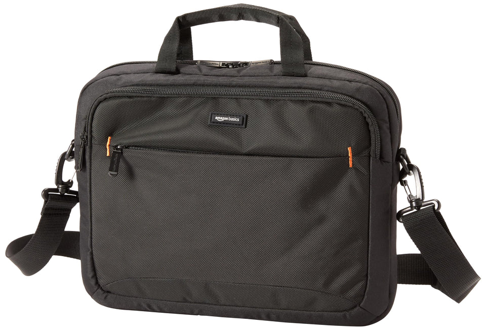 Amazon Basics laptop carrying case front compartment stores cords and cards for quick access