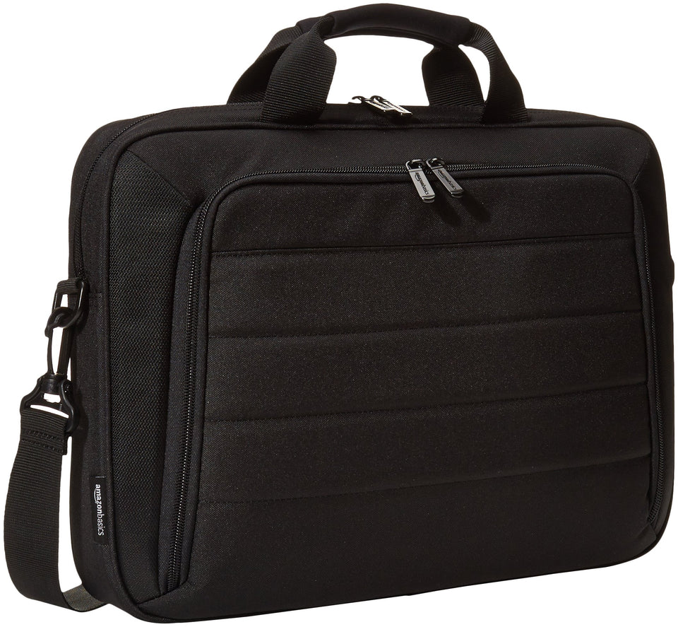 Amazon Basics 15.6-inch laptop and tablet case in black for on-the-go protection.