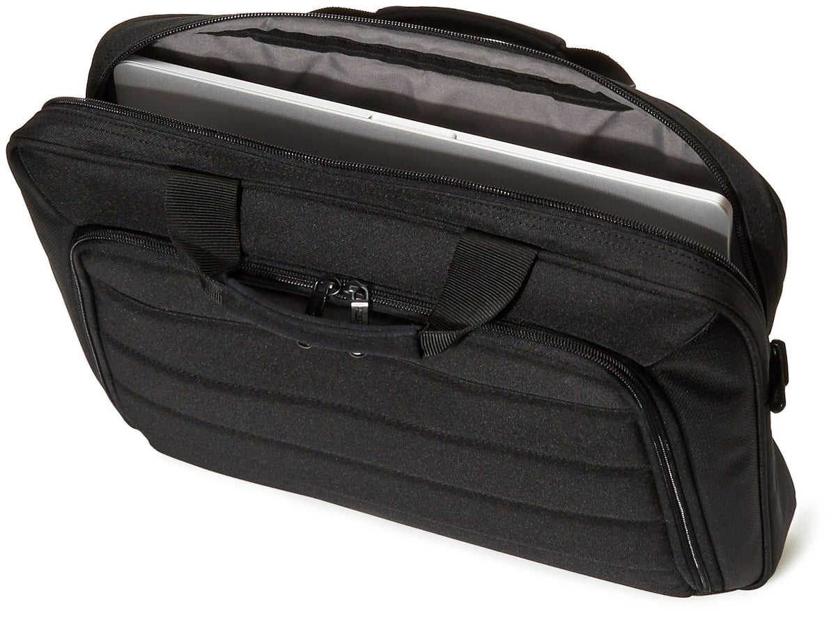 Amazon Basics back panel luggage pass-through for rolling luggage compatibility.