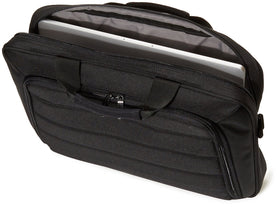 Amazon Basics back panel luggage pass-through for rolling luggage compatibility.
