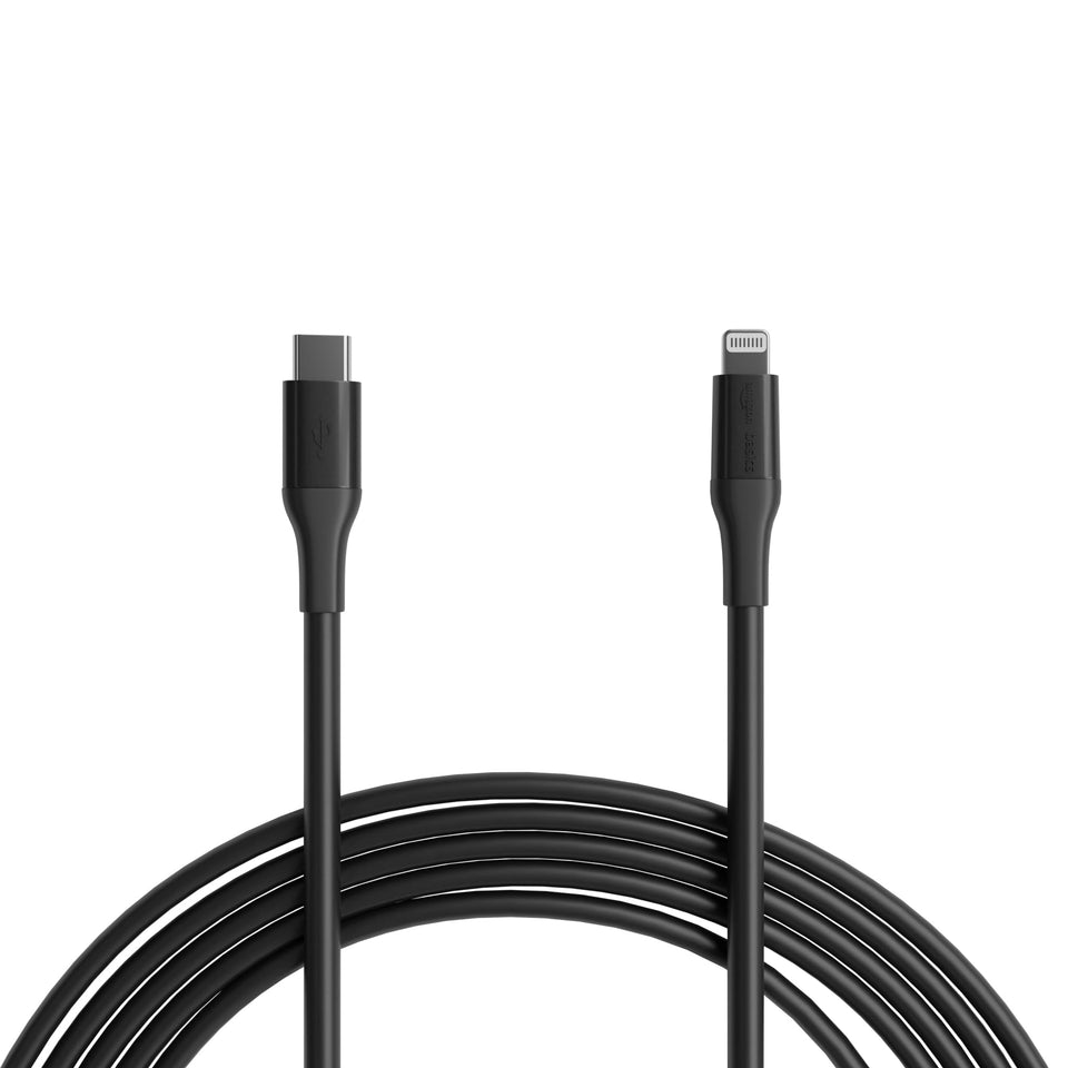 Amazon Basics MFi-certified USB-C to Lightning cable 10ft in black for charging and syncing.