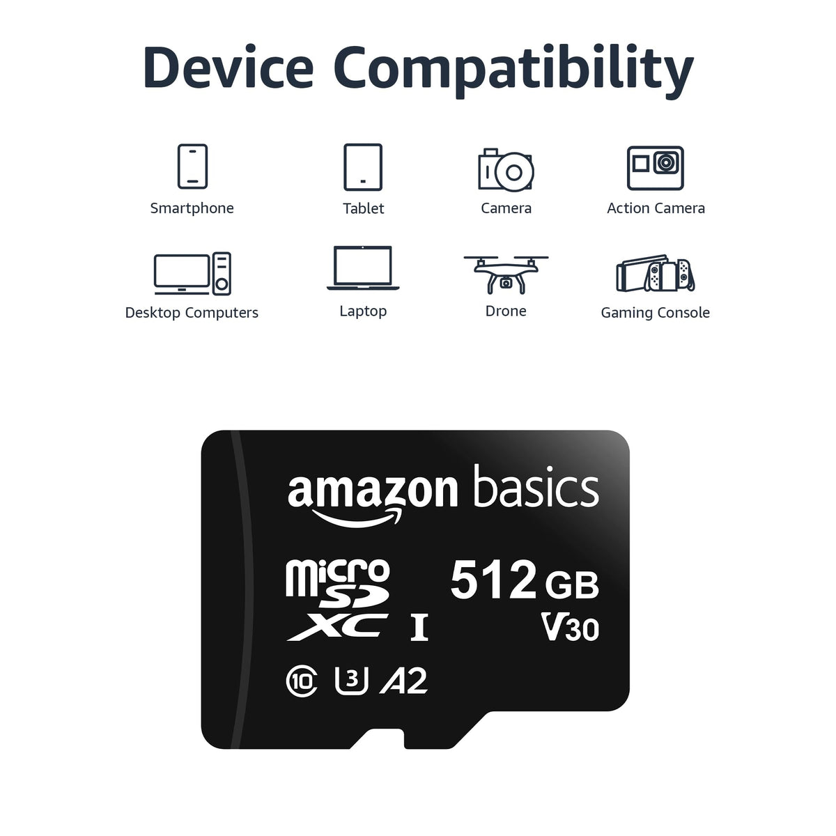 Amazon Basics microSDXC memory card read speed up to 100 MB/s for quick transfers.