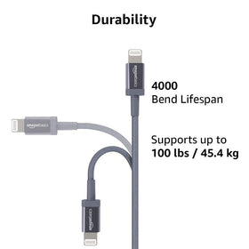 MFi certified Amazon Basics cable ensuring reliable charging and syncing with Apple devices.