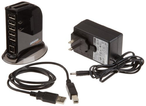 Amazon Basics plug-and-play USB hub on desk, enhancing workflow.