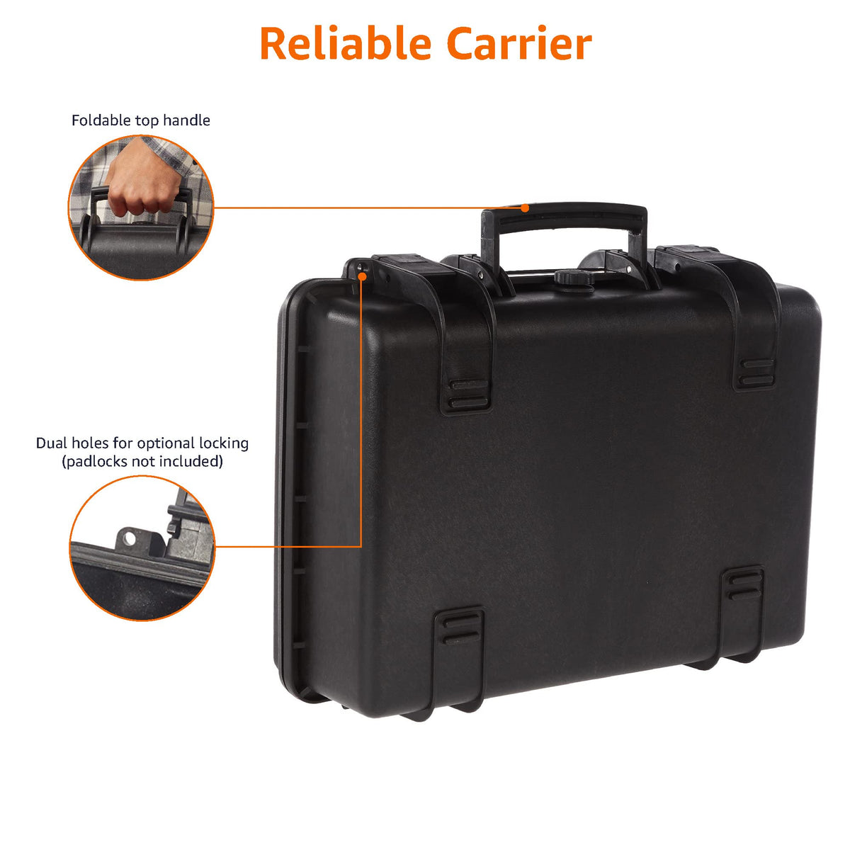 Amazon Basics case featuring fold-down side handle for easy transport.