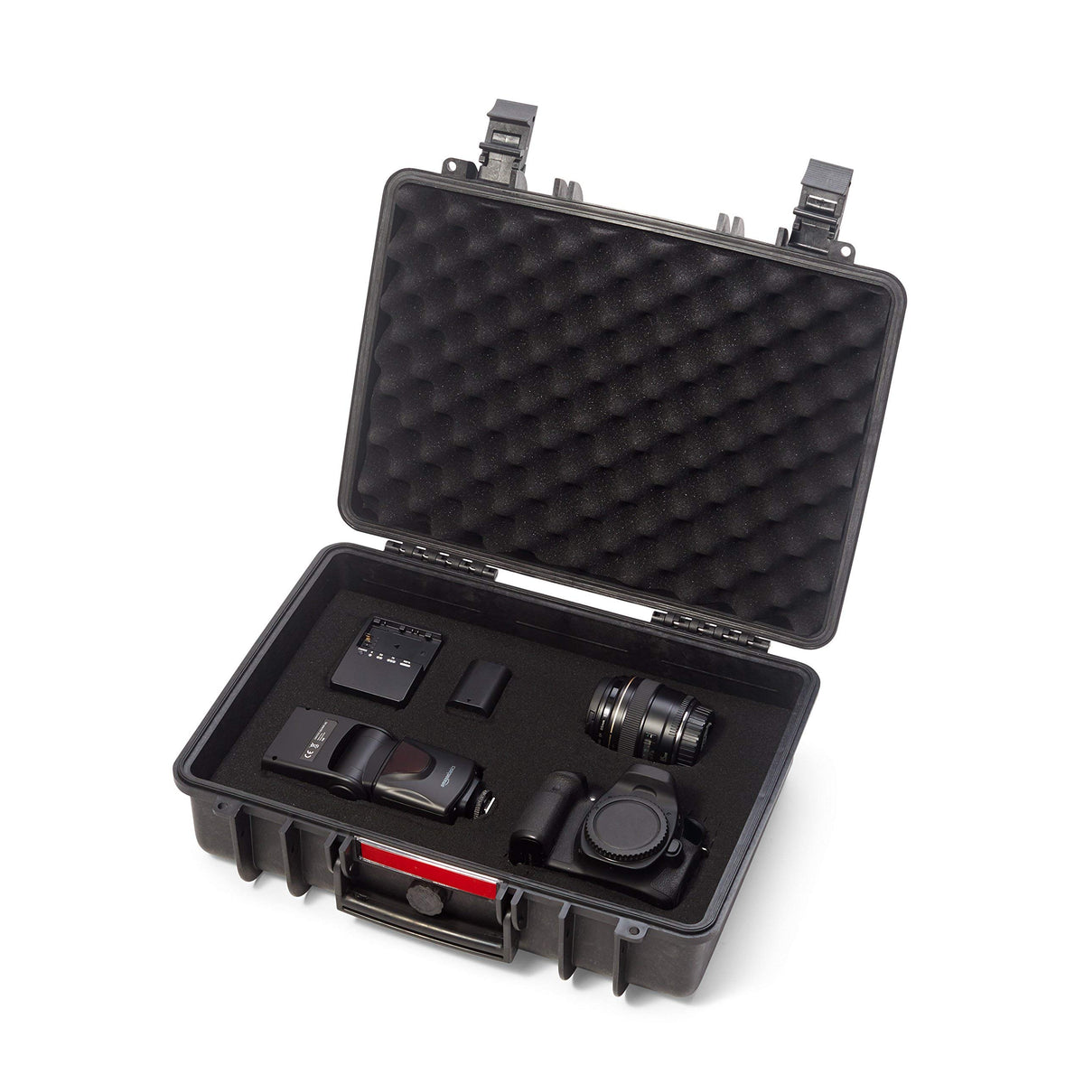Amazon Basics water-resistant shell protects camera gear during travel.