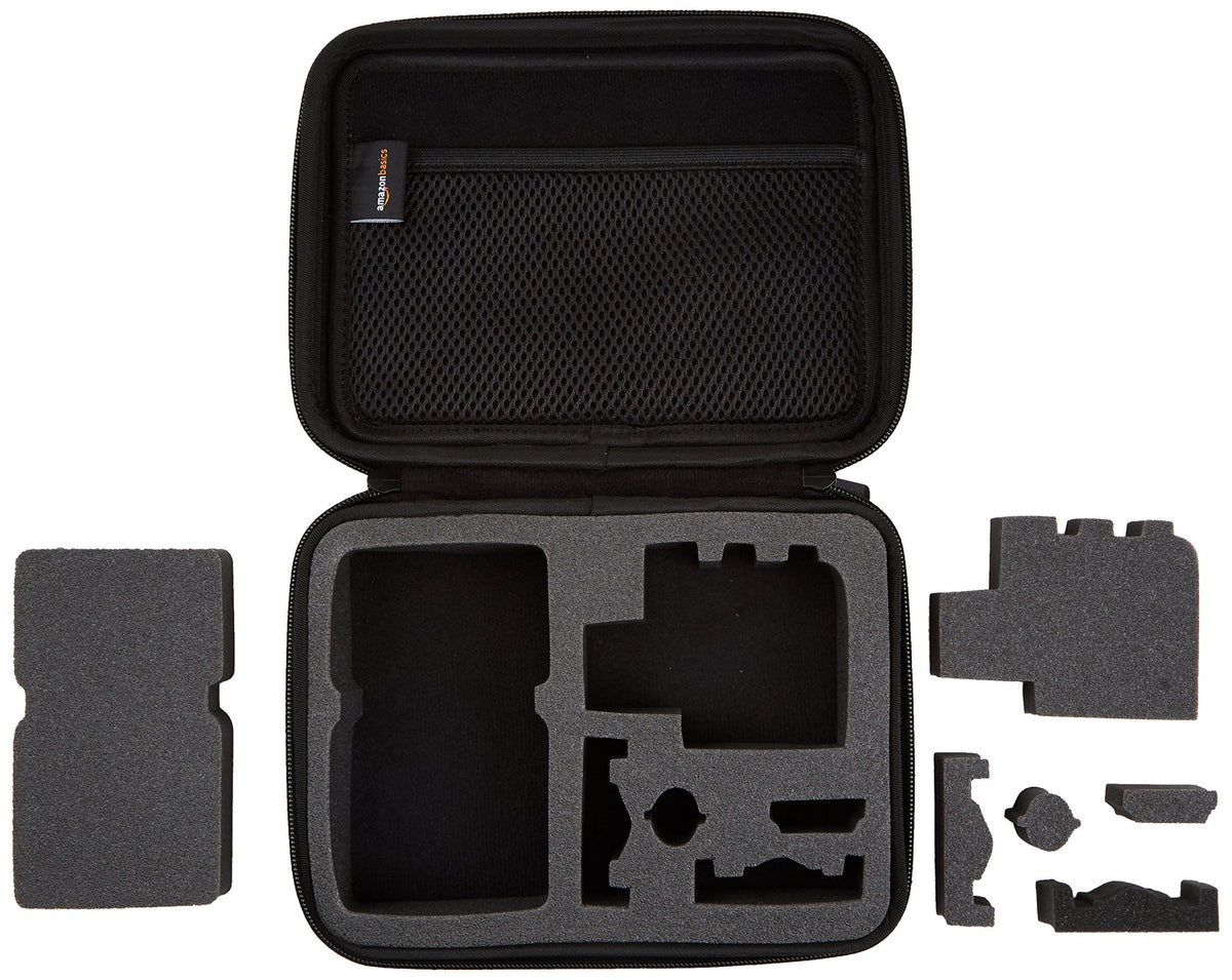Interior slots in the Amazon Basics case hold GoPro and accessories securely.
