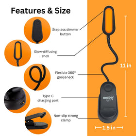 Amber Light + adjustable brightness with 20/40/80 lumens for comfortable pages.