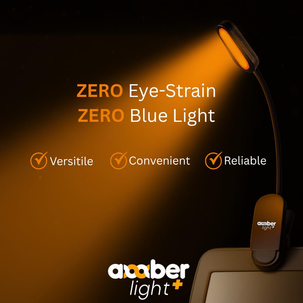 Amber Light + clip-on reading light attaches to books or laptops for convenience.