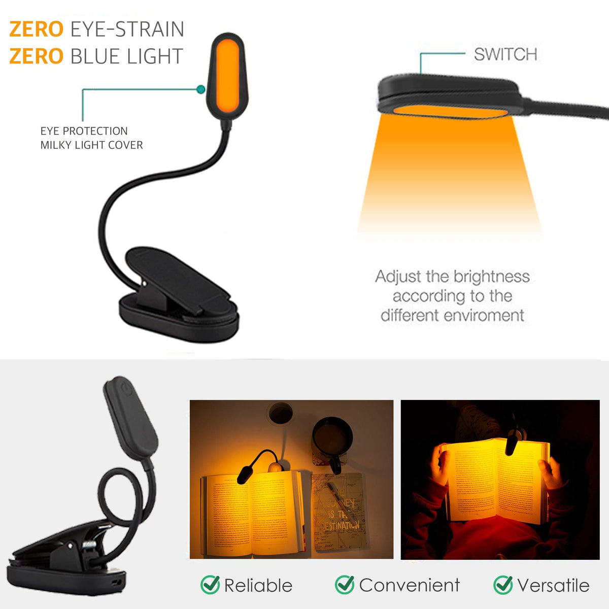 Amber Light + lightweight clip-on design travels easily with your devices.