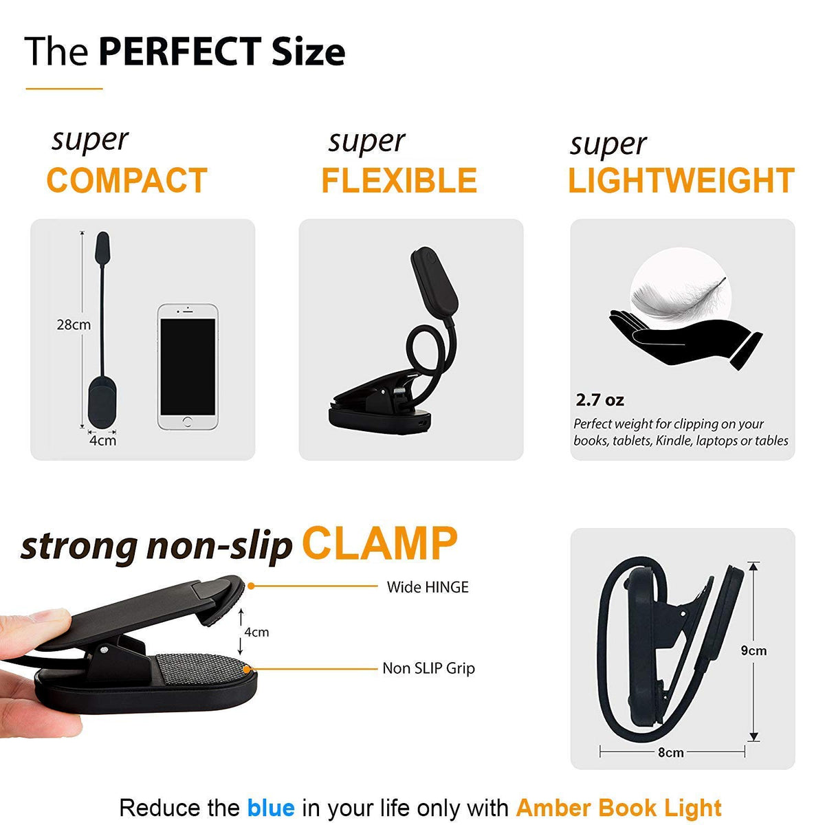 Amber Light + compact travel light fits in bags for on-the-go reading.