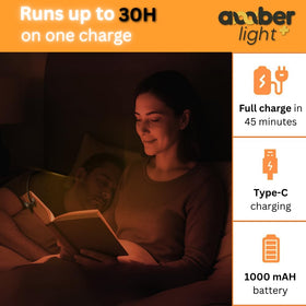Amber Light + warm 1600K amber hue creates cozy nighttime reading ambiance.