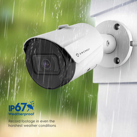 Amcrest camera installed on an eave monitoring driveway for property security