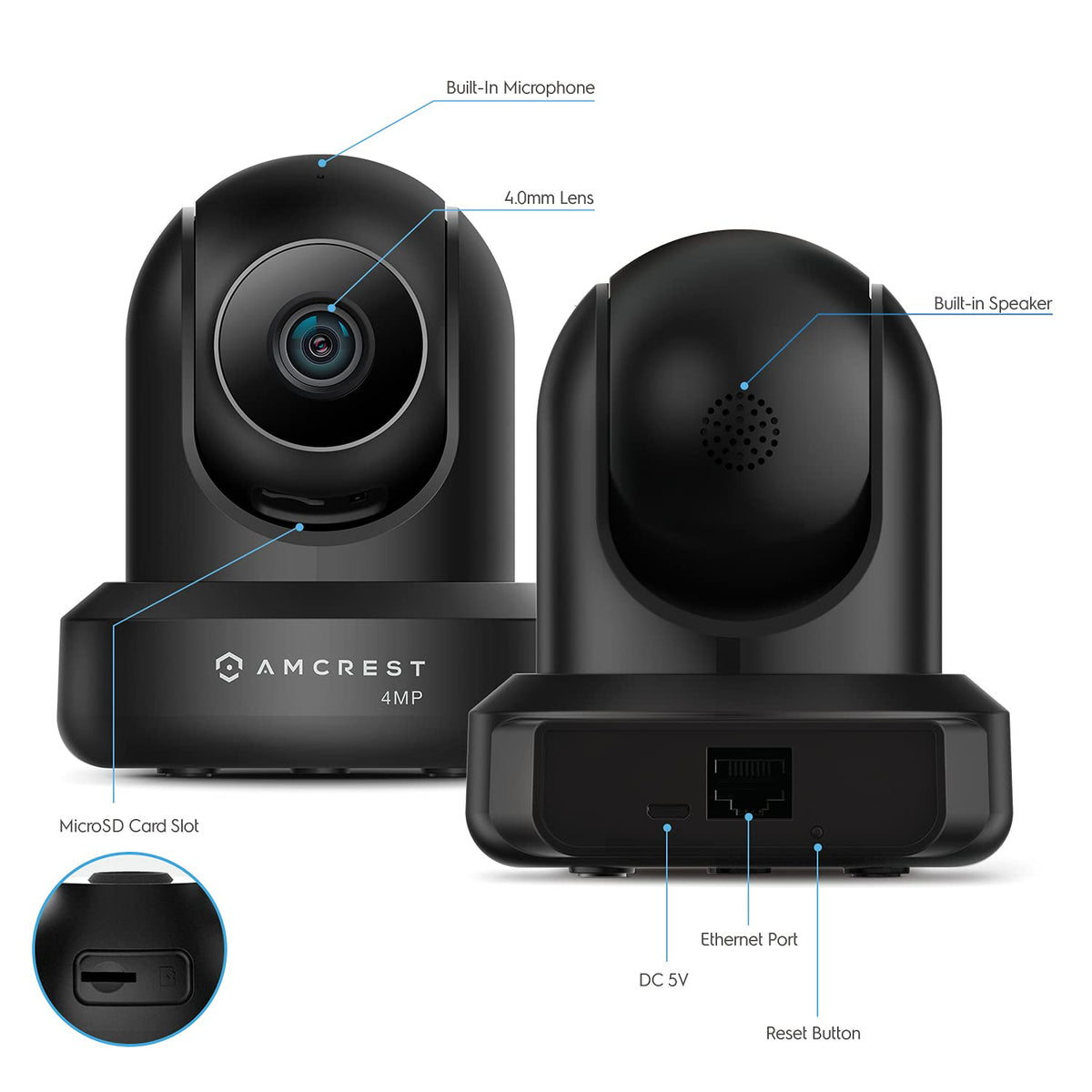 Amcrest rear view showing microSD and Ethernet ports, multiple storage options benefit