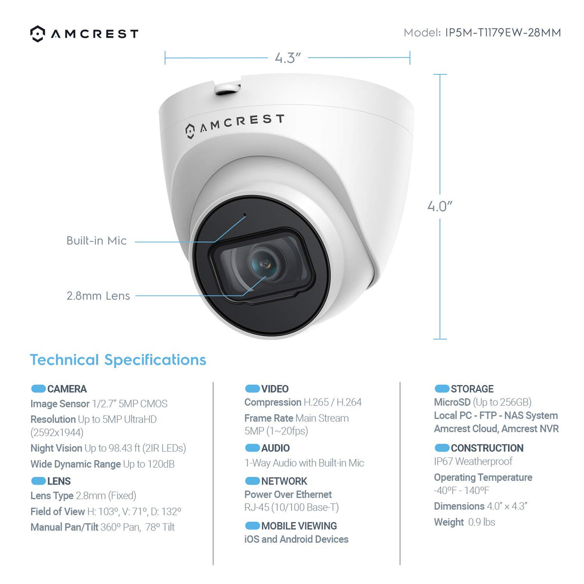 Amcrest side shot showing IP67 weather sealing and durable outdoor protection