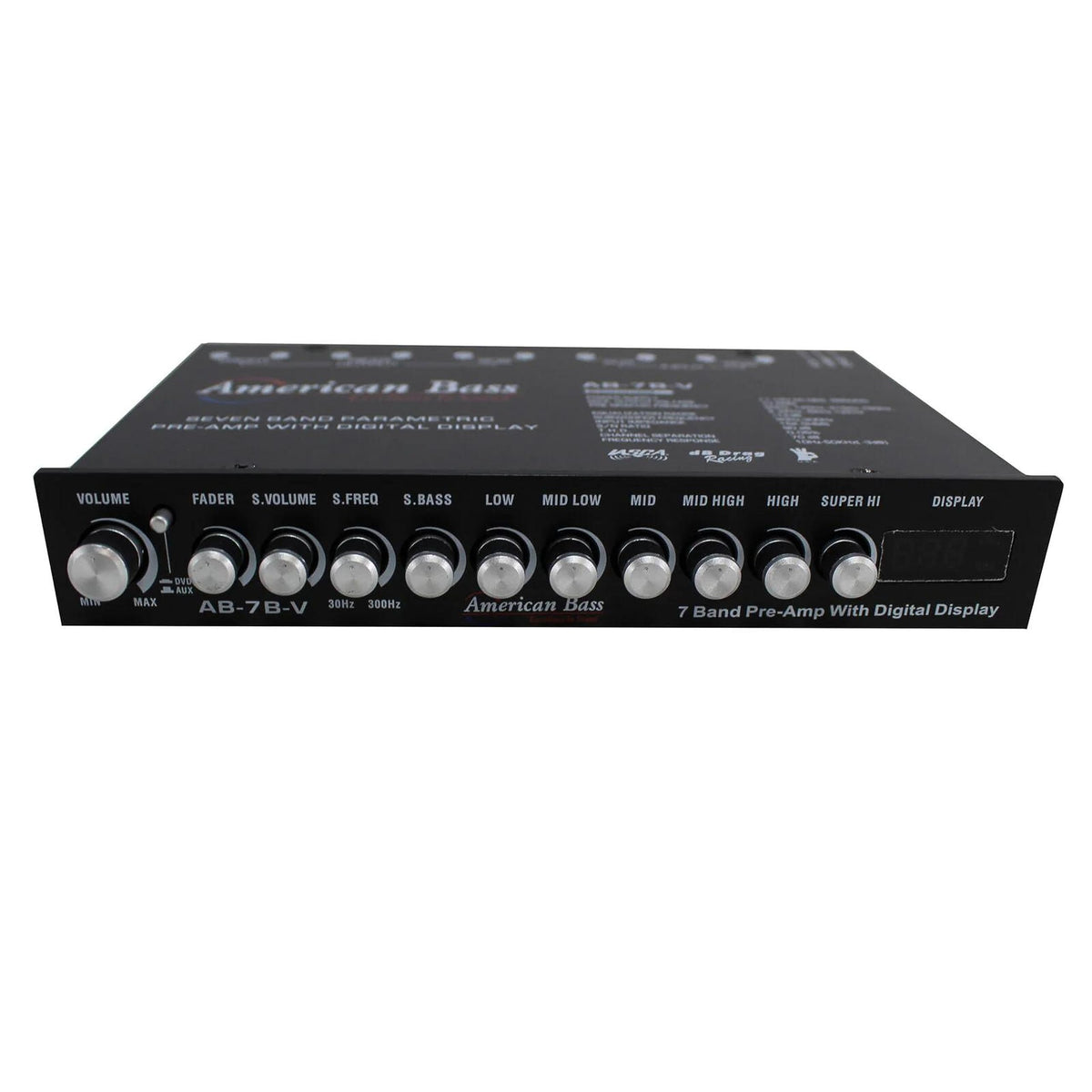American Bass 7-band equalizer controls and dual RCA inputs for flexible car setup.