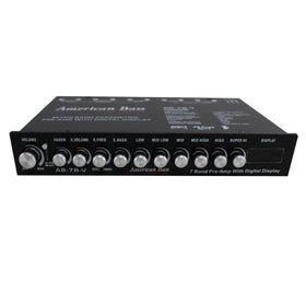 American Bass 7-band equalizer controls and dual RCA inputs for flexible car setup.