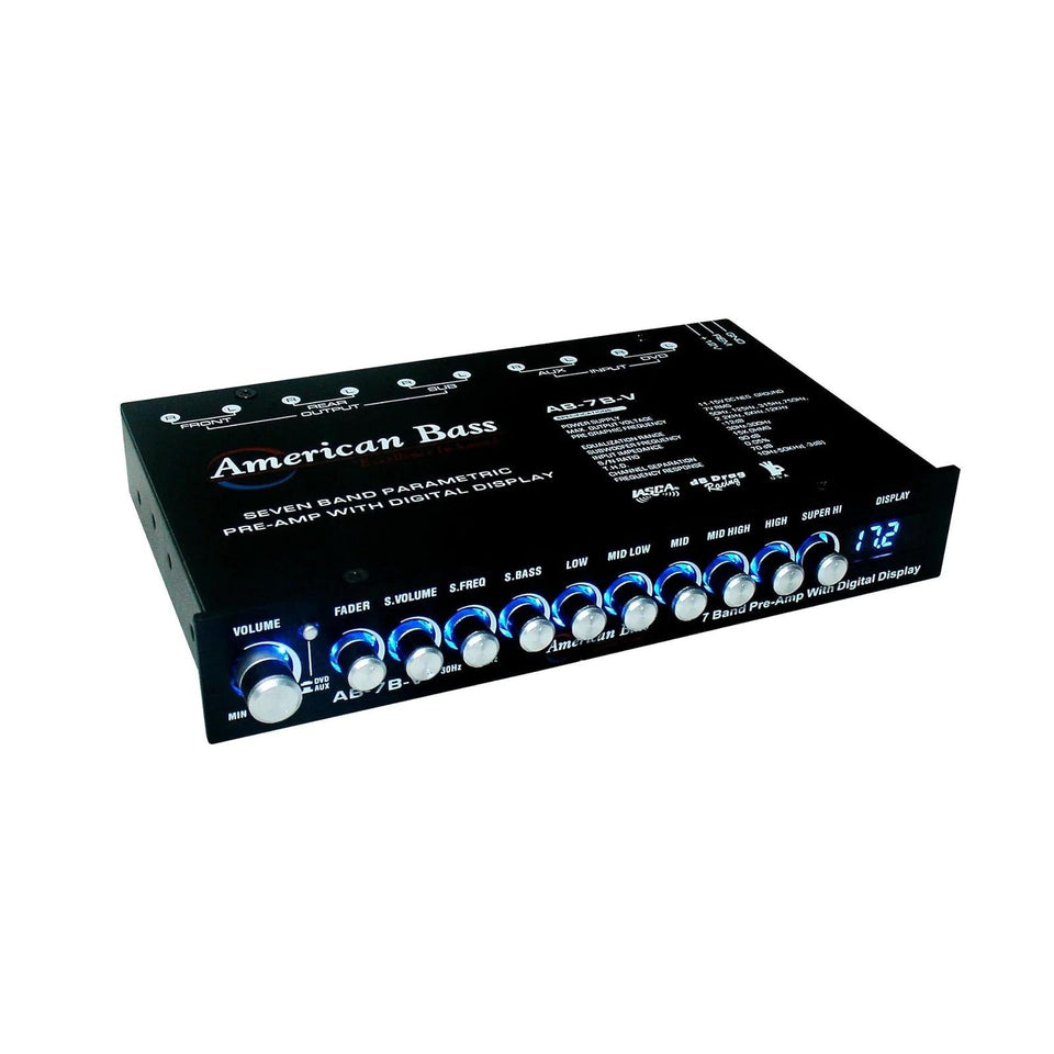 American Bass high-end 7-band equalizer front view with voltage display for precise tuning.