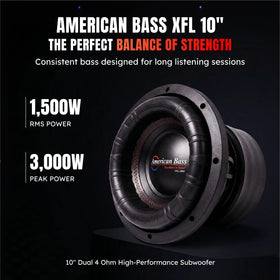 American Bass XFL 10in subwoofer cone close-up emphasizing deep, clean lows.
