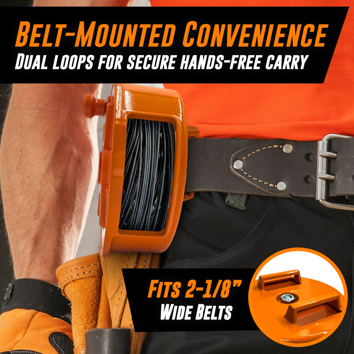 AMERICAN MUTT TOOLS belt loops secure the reel for hands-free operation.