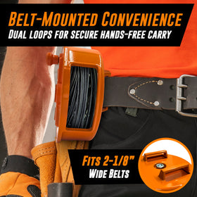 AMERICAN MUTT TOOLS belt loops secure the reel for hands-free operation.