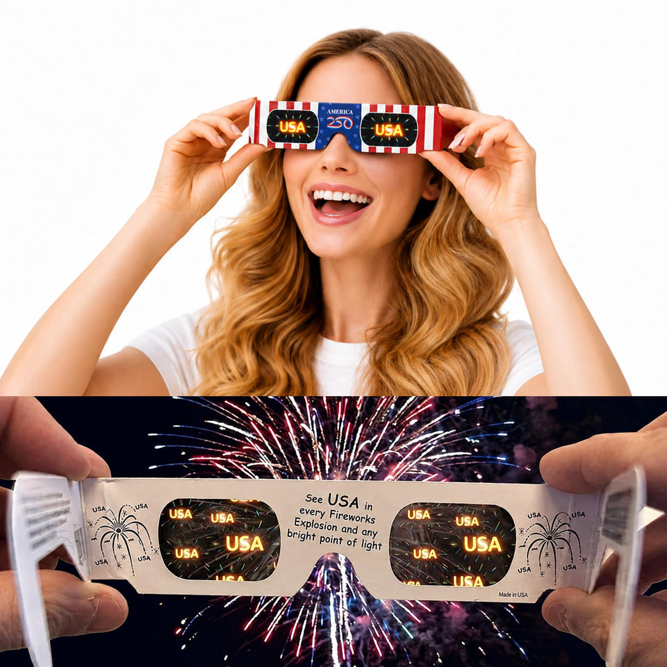 American Paper Optics America 250 HoloSpex glasses reveal floating USA holograms during fireworks.