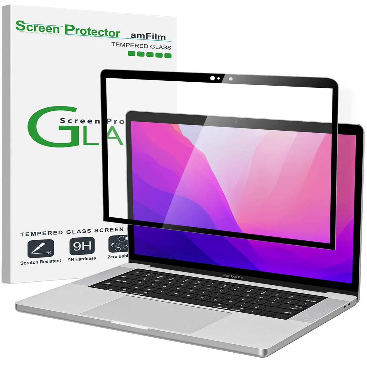 amFilm front packaging for 13-inch MacBook protector showing model compatibility and benefits