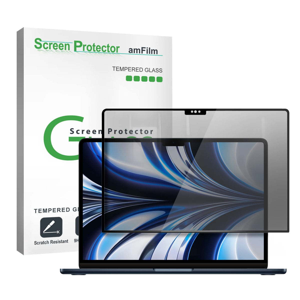 amFilm front packaging showing product and MacBook compatibility benefits