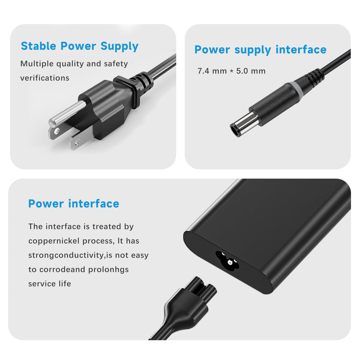 amguog 65W Dell Latitude charger labels emphasize safety and compatibility