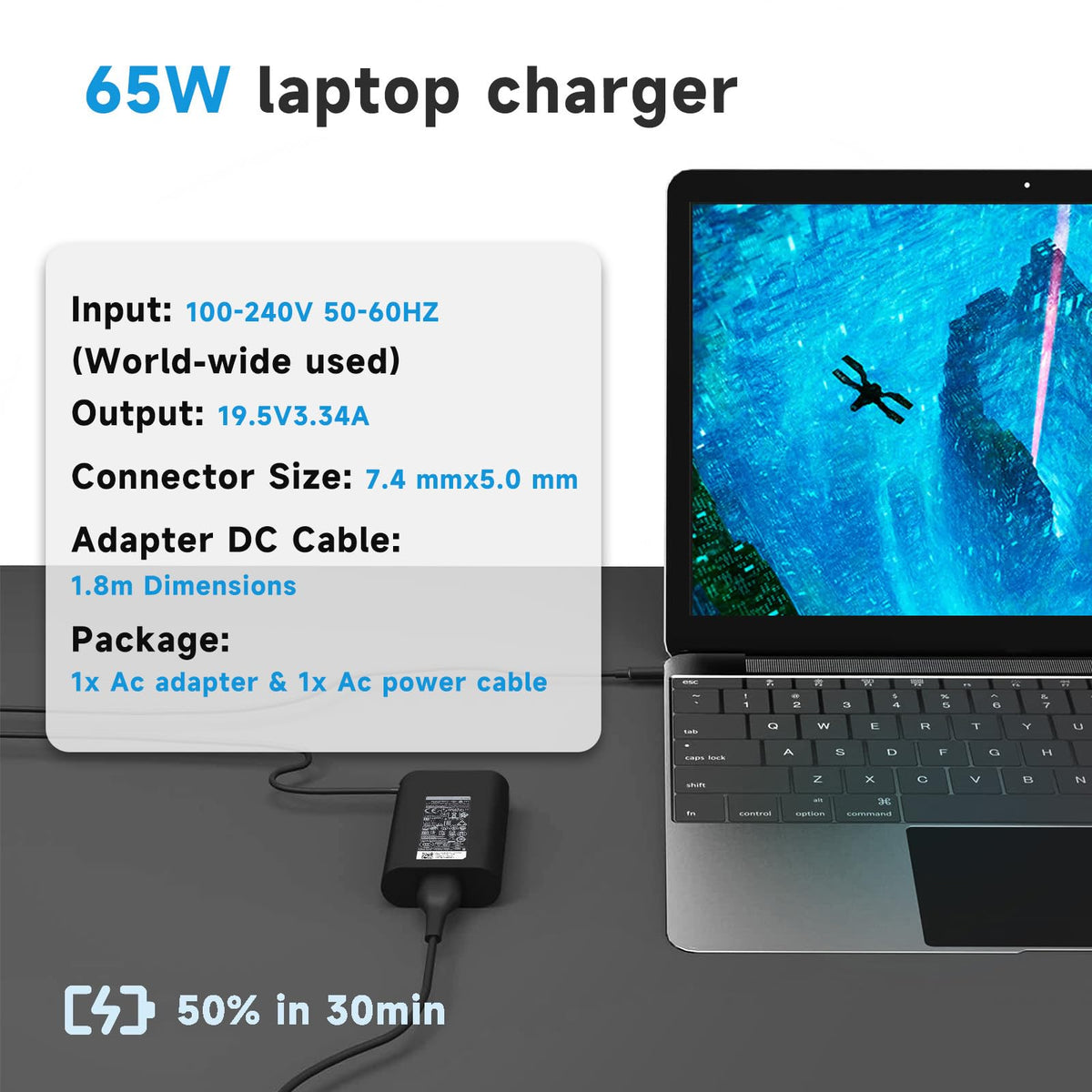 amguog 65W Dell Latitude charger tip close-up showing 7.4x5.0mm plug