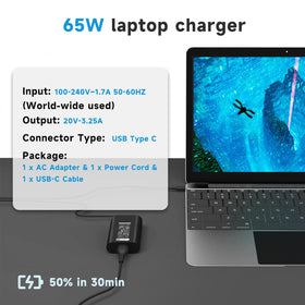 amguog 65W USB-C charger Dell compatibility label highlights supported models.