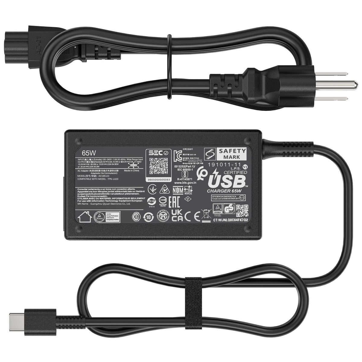 Amguog 65W USB-C laptop charger for HP EliteBook front view shows portable power option.