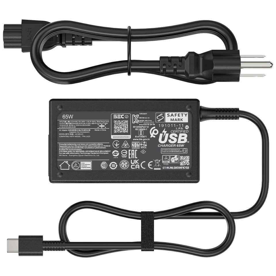 Amguog 65W USB-C laptop charger for HP EliteBook front view shows portable power option.