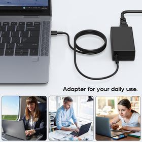 Amguog 65W USB-C charger safety features label emphasizes protection.