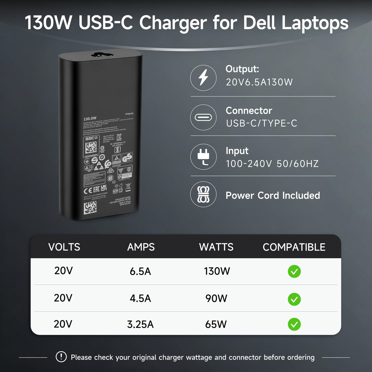 Amguog Dell 130W USB-C charger reinforced cable joint for durability
