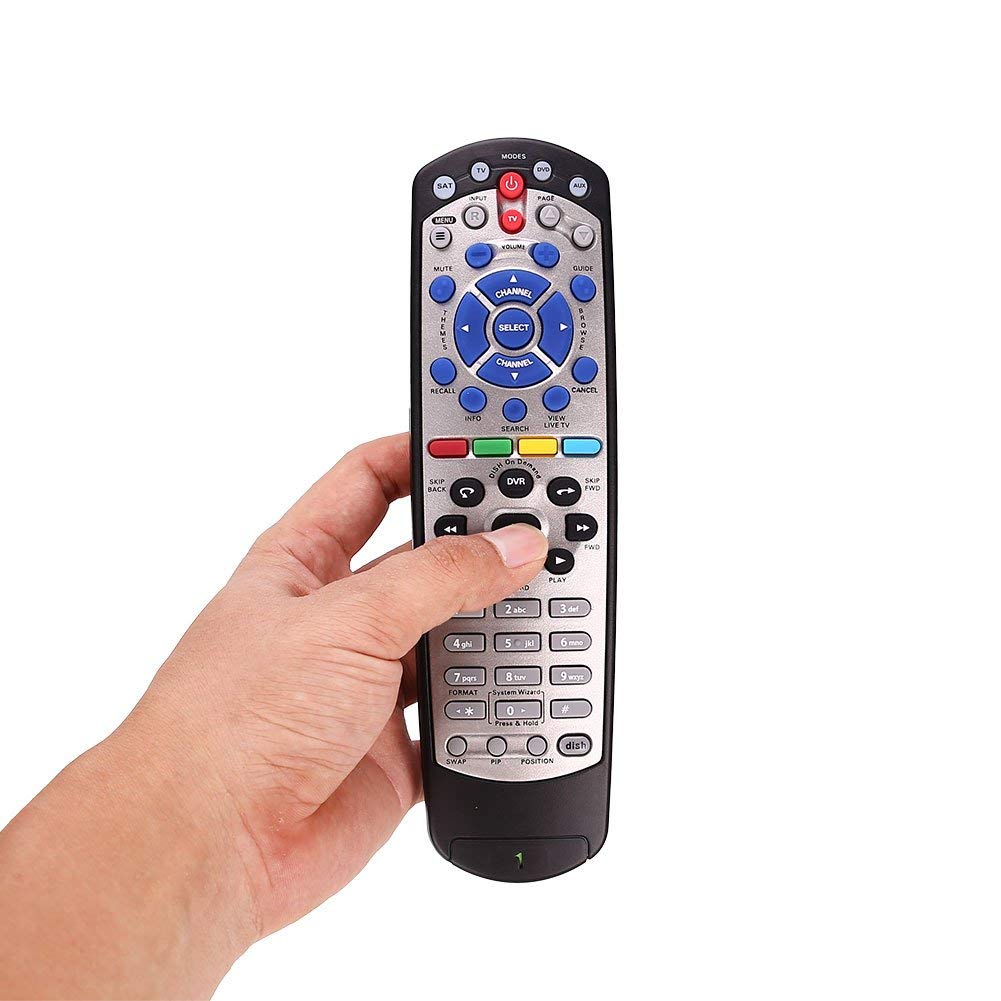AMGUR Dish Network 20.1 remote in hand showing ergonomic grip