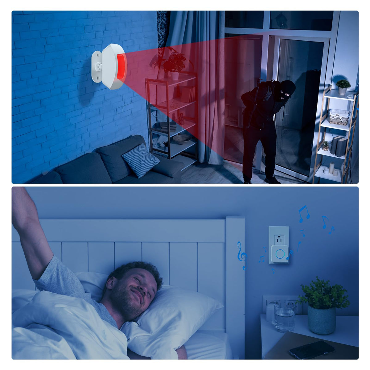 AMHEY motion sensor alarm demonstrates 500ft range for wide indoor coverage.