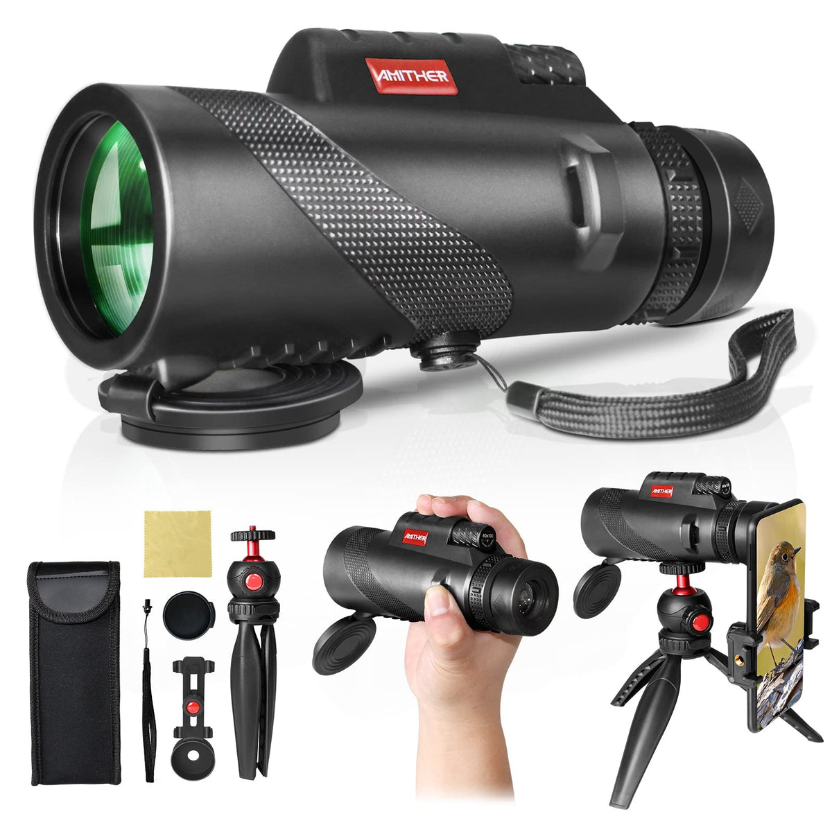 AMITHER front view showing scope body and cap, highlights portability benefit