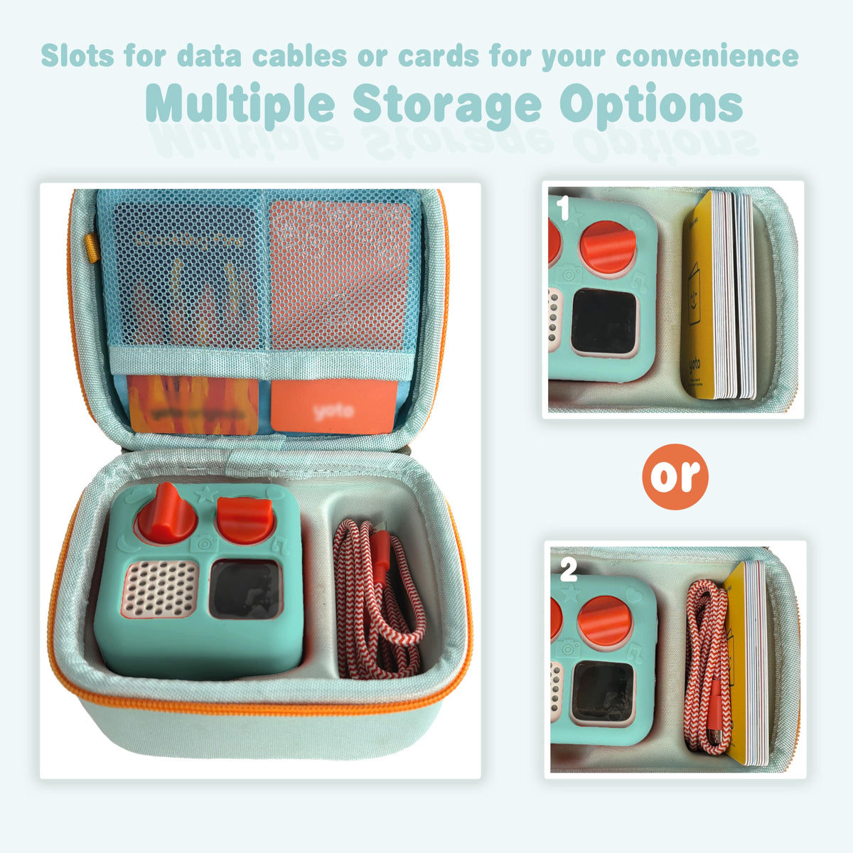amiumuca Yoto Mini case shows removable mesh pockets for 4-8 cards each, keeping items visible