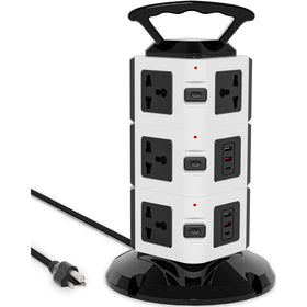 Ammora Living power strip tower with ten outlets for expanded charging flexibility.