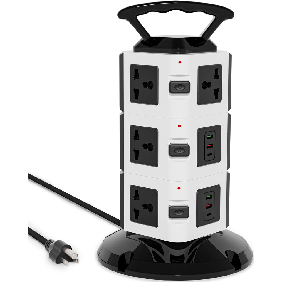 Ammora Living power strip tower with ten outlets for expanded charging flexibility.